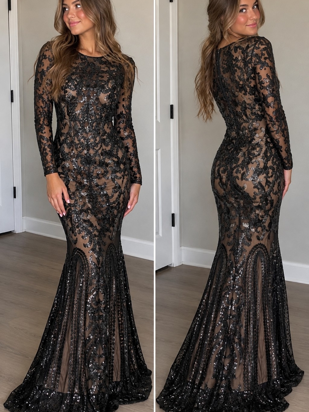 MISS ORD Sequin Mermaid Maxi Dress M Black Nude Mesh Formal Evening Gown